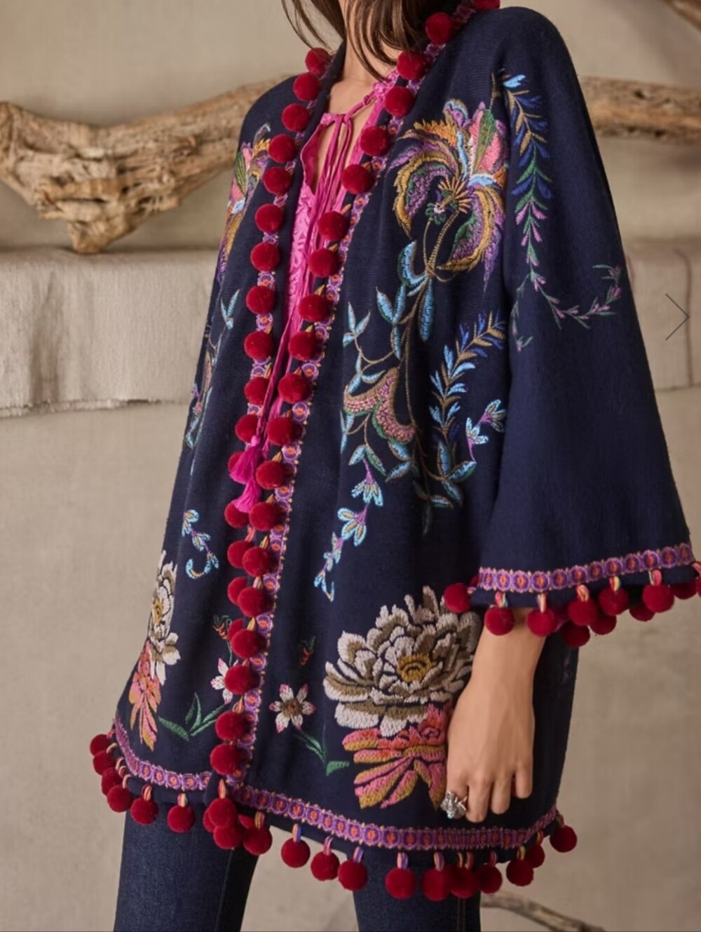 Johnny Was Biya Navy Embroidered Floral Pom-Pom Kimono